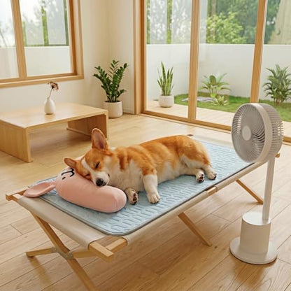 [28" x 20"] Dog Cooling Mat with Detachable Bunny Pillow, Ice Silk Pet Cooling Pad for Medium Large Dogs, Washable & Portable Dog Bed for Summer, Blue. - size: L
