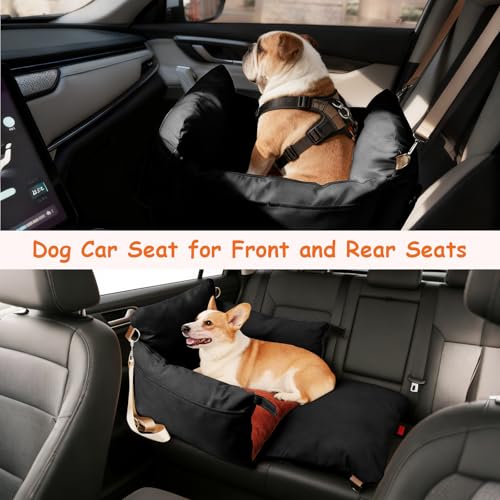 Dog Car Seats for Small Dogs, 2-in-1 Pet Booster Seat with Side-Zip Expandable Bed, Handles and a Storage Pocket, Clip-On Safety Leash and PP Cotton Filling, Vehicle Bed for Puppy up to 25 lbs (Black) - color: Black