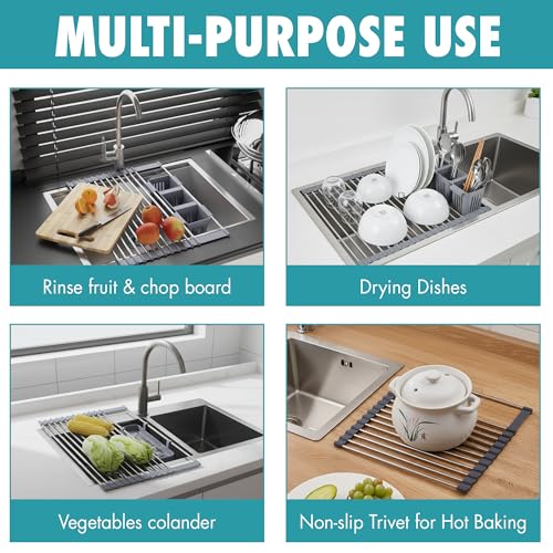 Havenity™ Expandable Roll Up Dish Drying Rack for Small Sinks - Expandable 12.8 to 22.8 Inch Over Sink Rack, Fits Apartments, RVs and Office Kitchens, Stainless Steel, 2 Baskets - size: Dish Drying Rack