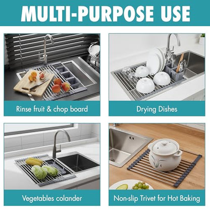 Havenity™ Expandable Roll Up Dish Drying Rack for Small Sinks - Expandable 12.8 to 22.8 Inch Over Sink Rack, Fits Apartments, RVs and Office Kitchens, Stainless Steel, 2 Baskets - size: Dish Drying Rack