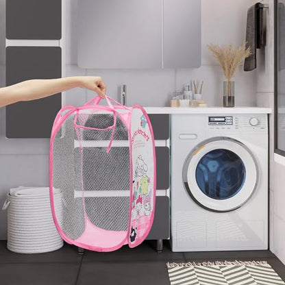 Cute Mesh Popup Laundry Hamper with Carry Handles, Large Capacity Foldable Lightweight Dirty Clothes Basket for Girls Room, Dorm | Travel & Camping - color: Pink-1-4