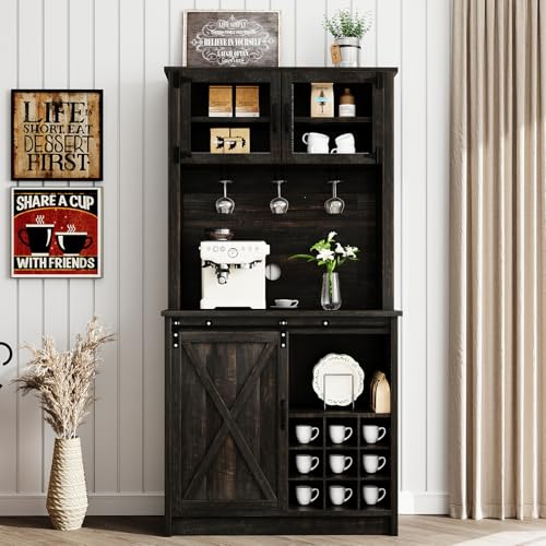 4ever2buy Farmhouse Coffee Bar Cabinet with Sliding Barn Door, 72" Hutch Coffee Bar with Storage, Large Kitchen Buffet Cabinet with Hutch, Tall Bar Cabinet Table for Living Dining Room, Oak - color: Oak, size: 71Inch
