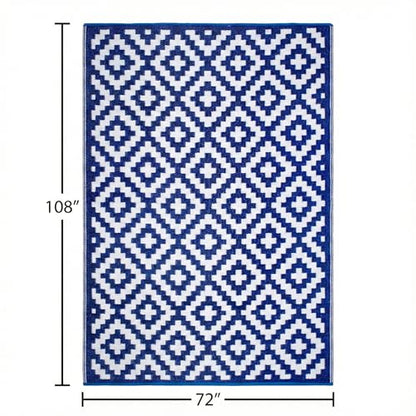 FH Home Outdoor Rug - Waterproof, Fade Resistant, Reversible - Premium Recycled Plastic - Geometric - Large Patio, Deck, Sunroom, Camping, RV - Aztec - Blue & White Crease Free - 6 x 9 ft - color: Aztec - Blue & White, size: 6' x 9' (Rectangular)
