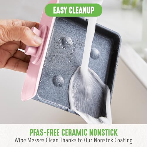 GreenLife 3-in-1 Breakfast Maker Station, Healthy Ceramic Nonstick Dual Griddles for Eggs Meat Sausage Bacon Pancakes and Breakfast Sandwiches, 2 Slice Toast Drawer, Easy-to-use Timer, Pink - color: Pink