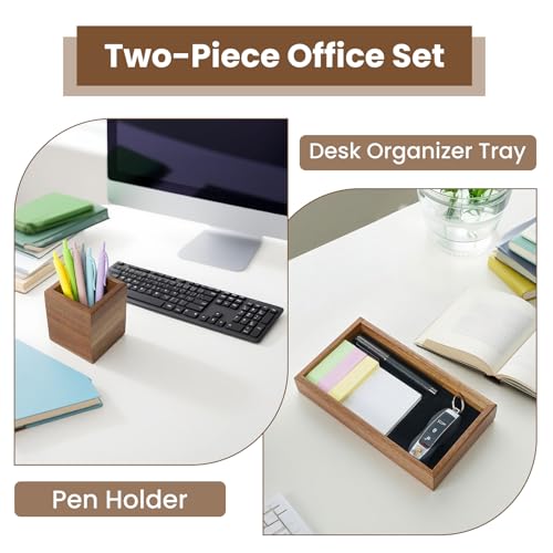 Wooden Pencil Holder with Desk Drawer Organizer Tray, Silicone Anti-Slip Pen Holder Set Aesthetic Desk Accessories for Office Home Supplies