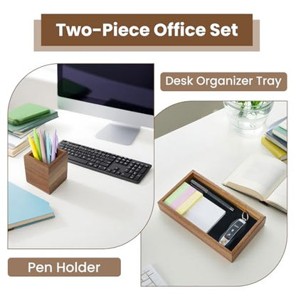 Wooden Pencil Holder with Desk Drawer Organizer Tray, Silicone Anti-Slip Pen Holder Set Aesthetic Desk Accessories for Office Home Supplies