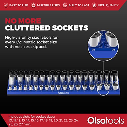 Magnetic Socket Holder with 3 Rows by Olsa Tools - color: Blue, size: 1/2-Inch Drive, Metric