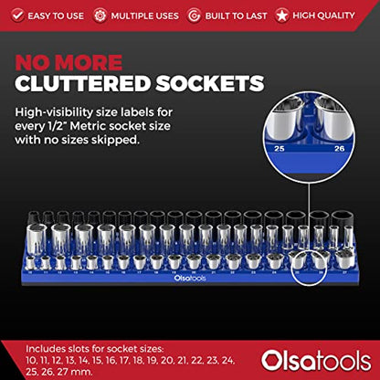 Magnetic Socket Holder with 3 Rows by Olsa Tools - color: Blue, size: 1/2-Inch Drive, Metric