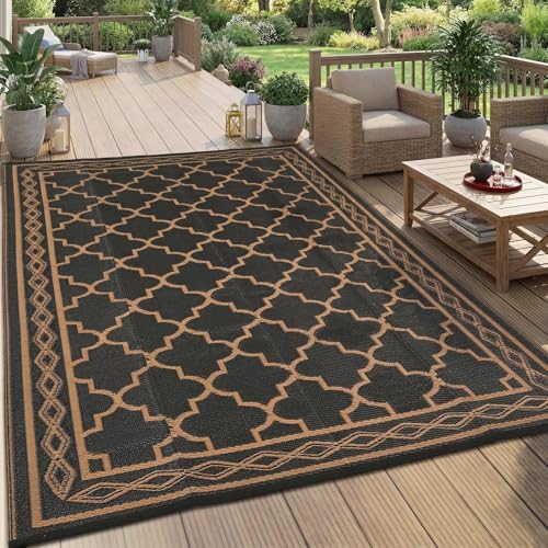 GarveeLife Outdoor Rug 9x12 Outdoor Rug for Patios Clearance,Waterproof Mat,Large Outside Carpet,Reversible Plastic Straw Camping Rugs,Rv,Porch,Deck,Camper,Balcony,Backyard, Black/Brown - color: Black/Brown, size: 9' x 12' (Rectangular)