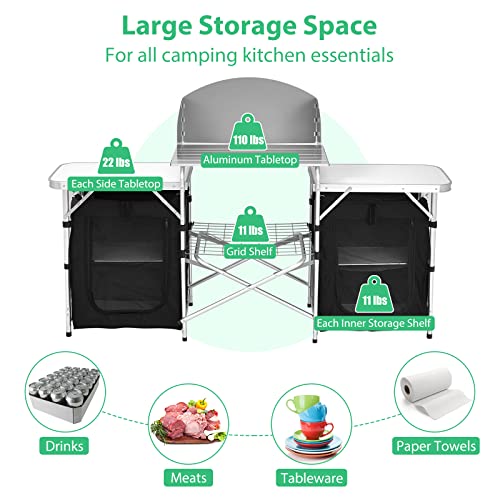 GYMAX Folding Camping Table, Portable Kitchen Table with 2 Zipper Organizer Shelf & Wind Screen, Foldable Cooking Table for Camping Hiking Picnic BBQ (Black) - color: Black