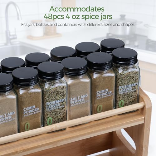 Bamboo Spice Rack Organizer, 3 Tier Spice Storage Rack with Handles, Wood Seasoning Jars Shelf for Kitchen Counter, Pantry or Wall Mounting