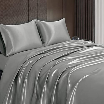 Homiest 3pcs Satin Sheets Set Luxury Silky Satin Bedding Set with Deep Pocket, 1 Fitted Sheet + 1 Flat Sheet + 1 Pillowcase (Twin XL Size, Light Grey) - color: Light Gray, size: Deep pocket - Twin XL size