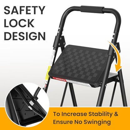 HBTower 3 Step Ladder, Folding Step Stool with Wide Anti-Slip Pedal, Step Stool Foldable with Cushioned Handle for Home and Kitchen, Black