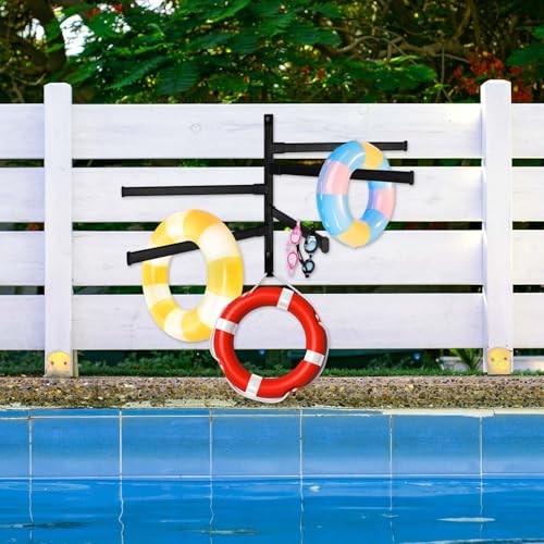 Rotating Pool Towel Rack, 5 Bars Swivel Outdoor Towel Rack with Hook Space Saving Wall Mounted Metal Towel Holder Swing Out Ideal for Pool, Hot Tub,Shower,Balcony