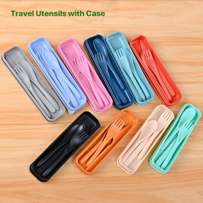 Travel Utensils with Case, Camping Utensil Sets, Wheat Straw Portable Knife Fork Spoons Tableware, Reusable Utensils for Lunch Box (Pink) - color: Pink