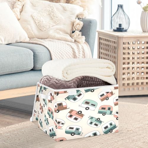 Retro Camper Trailers Storage Bins with Lids Foldable Storage Basket with Handles Collapsible Large Fabric Organizer Containers for Clothes Shelves Closet Office Home