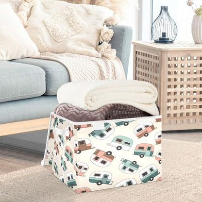 Retro Camper Trailers Storage Bins with Lids Foldable Storage Basket with Handles Collapsible Large Fabric Organizer Containers for Clothes Shelves Closet Office Home