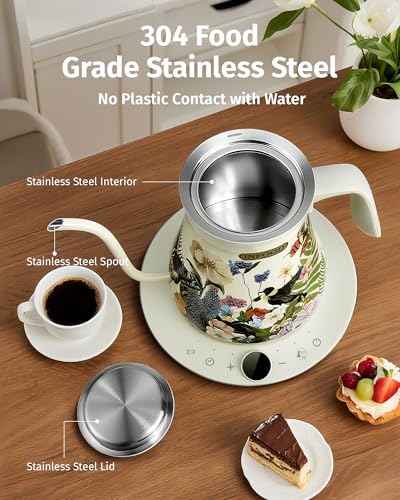INFOOD 0.8L Gooseneck Electric Kettle, Precise Temperature Control for Pour Over Coffee & Tea, 1200W Fast Boiling Water, Auto Shut Off, Scheduling, Stainless Steel, Floral Painted Design - color: Floral