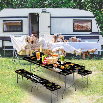 Picnic Table Cover with Bench Covers, Camping Essentials, Fitted Camping Tablecloth with Bag, Waterproof and oilproof with elastic Edge for Indoor Outdoor Patio, 72in (RV Camper) - color: RV Camping Enthusiasts