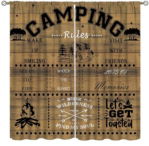 Rustic Farmhouse Camper RV Curtain, Farmhouse Rustic Cabin Rules for Trailer, Vintage Camping Outdoor Retro Rustic Wooden Window Drapes for Bedroom Living Room Decor 42" W X 45" L - color: Camping-13, size: 20.5"W x 45"L (Pack of 2)