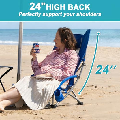 Romswi Compact High Back Beach Chair, Lightweight Low Seat Travel Chair, Beach Chair Fits in Suitcase, 300lbs Heavy Duty Folding Camping Chair with Cup Holder & Pocket, Blue - color: Blue - High Back