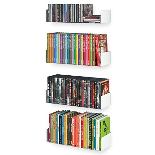 Wallniture Bali White Bookshelf and CD DVD Storage Shelf Set of 4, Metal Floating Book Shelves for Wall - color: White
