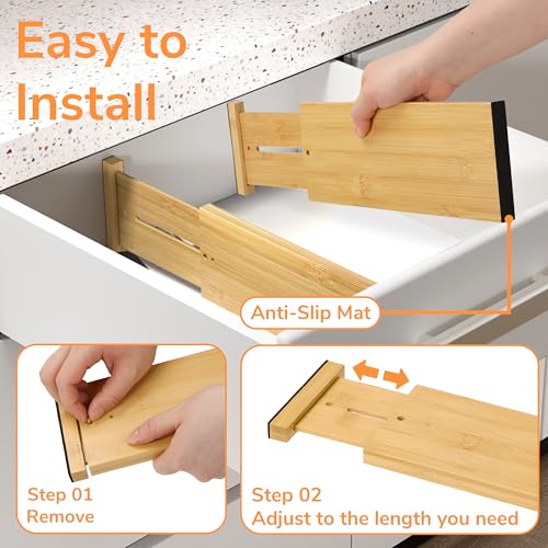 BAMEOS Bamboo Expandable Drawer Dividers – Fits 12.2"–17" Drawers, 4" Extra Deep Walls, Set of 4 | Tall Spring-Loaded Separator for Baby Dresser, Sock Drawer & Bathroom Cabinet - size: 4''H, 12.2''-17''L