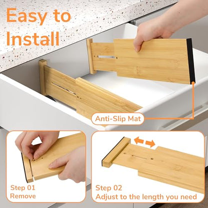 BAMEOS Bamboo Expandable Drawer Dividers – Fits 12.2"–17" Drawers, 4" Extra Deep Walls, Set of 4 | Tall Spring-Loaded Separator for Baby Dresser, Sock Drawer & Bathroom Cabinet - size: 4''H, 12.2''-17''L