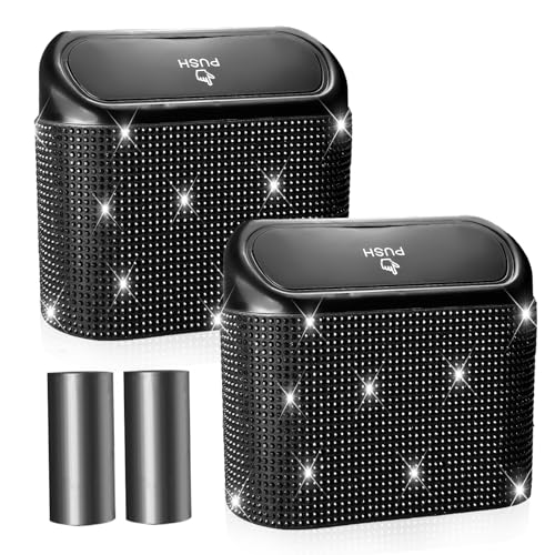 NBTEPEM Bling Car Trash Can with Lid - 2 Pack, Mini Auto Garbage Can with 60 Trash Bags, Automotive Garbage Container Bin, Bling Car Accessories Trash Can for Women (Black Diamond) - color: Black Diamond