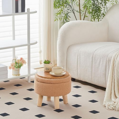Wimarsbon Storage Ottoman, Modern Round Footrest with Soft Padded Seat, Teddy Velvet Footstool with Wood Legs, Accent Small Table or Plant Stand for Hallway, Living Room (Champagne) - color: Champagne