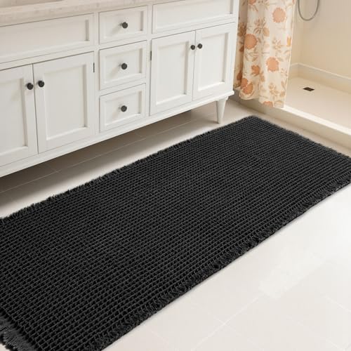 SUBRTEX Waffle Braided Bath Mat, 24" x 60" Soft Waffle Bath Rugs, Absorbent Non Slip Bathrooom Mats, Machine Washable Area Rug for Bathroom, Quick Dry, Black - color: Black Waffle, size: 24" x 60" (Runner)