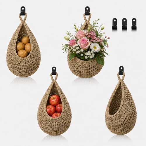 Boho Decor Hanging Fruit Baskets for Kitchen, 3 Pack Handwoven Teardrop Wall Hanging Baskets with Hooks, Storage for Fruits, Onions, Vegetables & Potatoes, 3 Sizes for Home, Linen - color: Linen