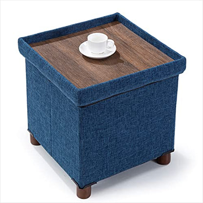 15 Inch Storage Ottoman with Wooden Legs - Cube Foot Rest Stool, Square Footstool, Comfortable Seat with Lid, Foldable Fabric Ottoman, Space-Saving Navy - color: Squ Blue