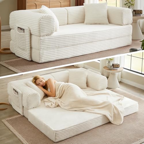 Boneless Couch Futon Sofa Bed Sectional Couches for Living Room,Cloud Couch with Sleeper Sofa,Sofas for Living Room Oversized Corduroy Upholstered (White, 81 Inches (with Iron Frame)) - color: White, size: 81 Inches