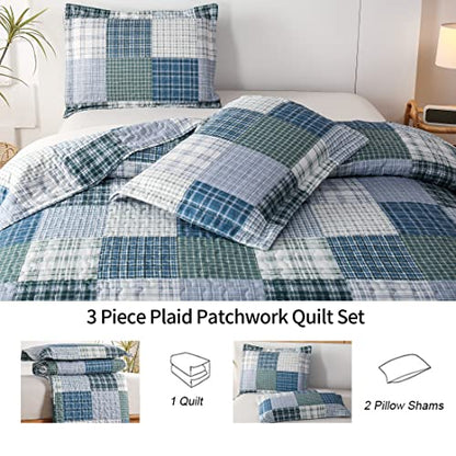 Quilt Set Twin Size Plaid Bedspread Coverlet Twin Quilt Set Bedding Mens Boys Quilt Bedspread Patchwork Bedding Home Modern Soft Lightweight Coverlet Reversible Quilt Bed Spread with 2 Pillow Shams - color: Blue Green Black, size: Twin