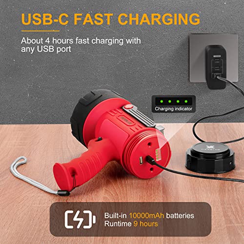 YIERBLUE Rechargeable Spotlight Flashlight with 2000,000 High Lumen LED, IP67 Waterproof Long Running Spot Light searchlight, Impact Resistant Handheld Spotlight with Foldable Stand and Red Lens - color: Red-Pro