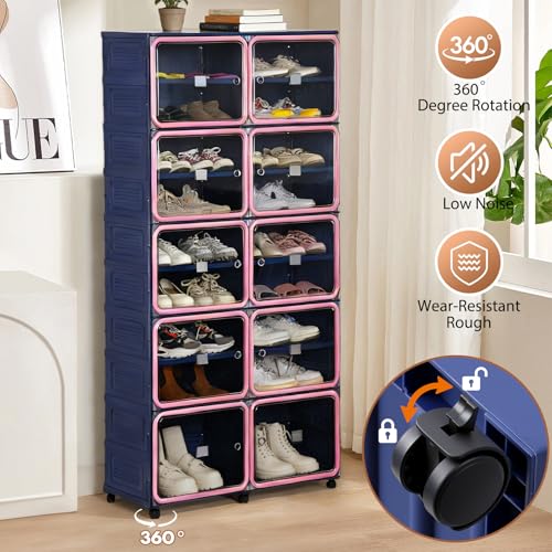 Collapsible Shoe Rack Organizer, 9 Tiers-36 Pairs Foldable Shoe Cabinet with Magnetic Clear Door, Large Plastic Folding Shoe Cabinet Blue & Pink, Easy Assembly Shoe Shelves Organizer for Entryway - size: 9 Tiers-36 Pairs Blue & Pink