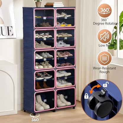 Collapsible Shoe Rack Organizer, 9 Tiers-36 Pairs Foldable Shoe Cabinet with Magnetic Clear Door, Large Plastic Folding Shoe Cabinet Blue & Pink, Easy Assembly Shoe Shelves Organizer for Entryway - size: 9 Tiers-36 Pairs Blue & Pink