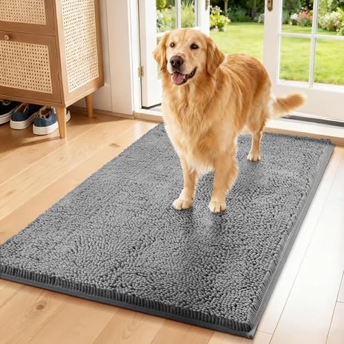 Chenille Absorbent Front Door Mat 72" x 48", Dog Door Mat for Muddy Paws, Trap Dirt Doormat, Mud Mat for Dogs, Washable Non Slip Outdoor Indoor Doormats for Entryway, Light Grey - color: Light Grey, size: 72"L x 48"W x 1"Th