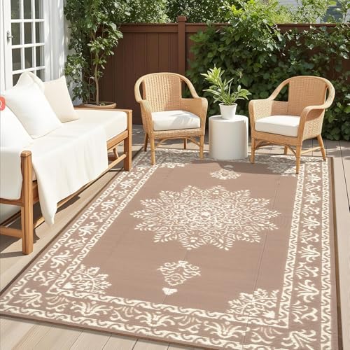Yamaziot Outdoor Rug 5x8 Ft, Waterproof Plastic Straw Patio Rug, Reversible Backyard Carpet UV Resistant Portable RV Mat Clearance, Large Indoor Outdoor Rug for Patio, Porch, Deck, Balcony, Brown - color: Beige Brown, size: 5 x 8 Feet