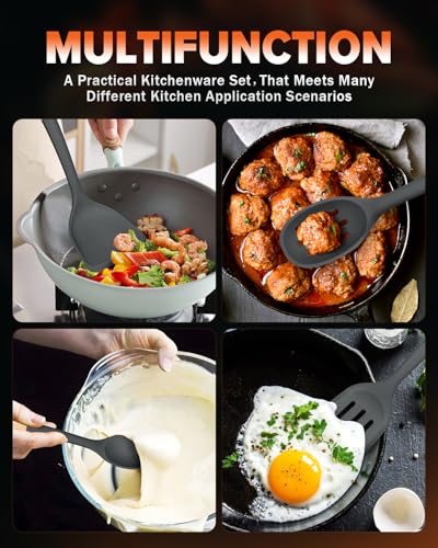 Silicone Cooking Utensils Set, Perfectly Angled for Frying, Mixing,Serving,Draining,Turning and Stirring, BPA-Free Matte Silicone, Wood Handles, Safe for Nonstick Cooking Surfaces,4 Pack (Grey) - color: Gray