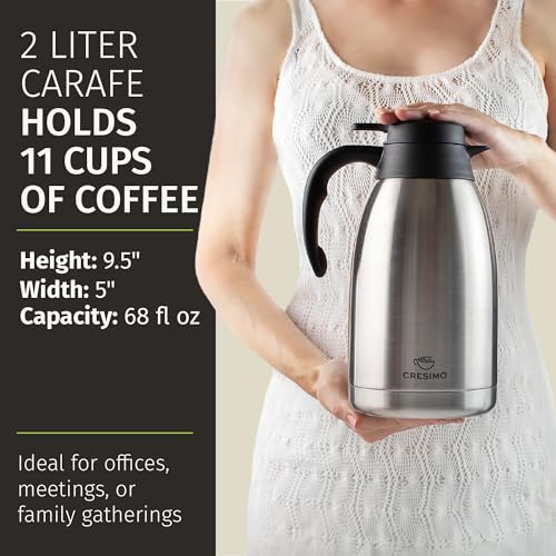 Thermal Coffee Carafe 2L / 68 oz – Updated 2025 Model – Insulated Stainless Steel Coffee Dispenser for Hot & Cold Drinks – 24h Cold / 12h Hot – Coffee Urn & Tea Carafe with Cleaning Brush by Cresimo - color: Silver w/ Brush, size: 68 Ounces