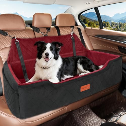 HEGGCOOE Large Dog Car Seat Under 100 lbs, Washable Dog Car Bed for 2 Medium Dogs, Detachable Pet Booster Seat with Storage Pocket and Seat Belt for Back Seat - color: Black/Red