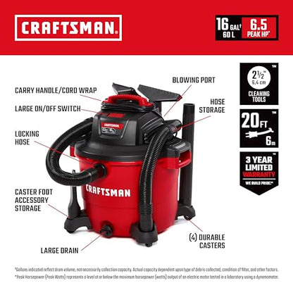CRAFTSMAN CMXEVBE18695 16 Gallon 6.5 Peak HP Wet Dry Shop Vacuum - size: 16 Gallon 6.5 Peak HP w/Diffuser