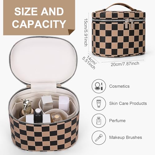 YFGBCX Checkered Makeup Bag Vanity Case with Divider Travel Toiletry Bag Women Cosmetic Bag Makeup Organizer Case - color: Checkered-Brown