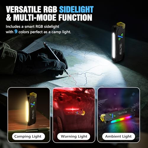 EDC Rechargeable Flat Flashlight 1000 Lumens White LED/UV/RGB Ambient Signaling Flashlights, Magnetic Clip on Pocket Light for Outdoors, Emergency, Working (1, Black, Compact) - color: Black