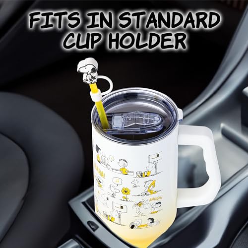 Silver Buffalo Peanuts Iconic Scenes Charlie Brown, Snoopy, Woodstock, Lucy, Sally, Linus Double Walled Stainless Steel Tumbler with Handle, Straw, & Straw Cap, Fits in Standard Cup Holder, 40 Ounces - color: Peanuts Iconic Scenes