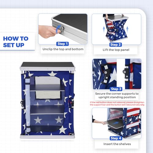 EAGLE PEAK Outdoor Folding Camping Table with Large 3-Tier Storage Organizer and Side Pockets, Easy Set Up Portable Aluminum Camping Kitchen, American Flag
