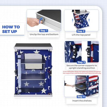 EAGLE PEAK Outdoor Folding Camping Table with Large 3-Tier Storage Organizer and Side Pockets, Easy Set Up Portable Aluminum Camping Kitchen, American Flag