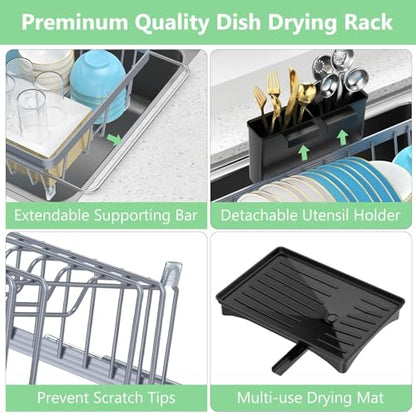 LEMIKKLE Sink Dish Drying Rack - Expandable Small Dish Rack Over Sinks with Drying Tray, Dish Drainer for Kitchen Counter with Cutlery Holder, Drying Rack Fit for 14’’-19’’ Kitchen Sink - color: Gray + Expandable Rack